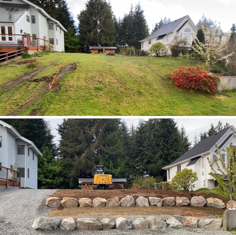 before and after, newly landscaped home in Port Hardy by Dylan Shaw Excavating
